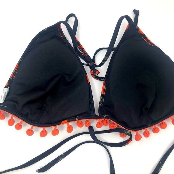 Cocoship Black Red Floral PomPom Trim High Waisted String Bikini - Picture 10 of 15